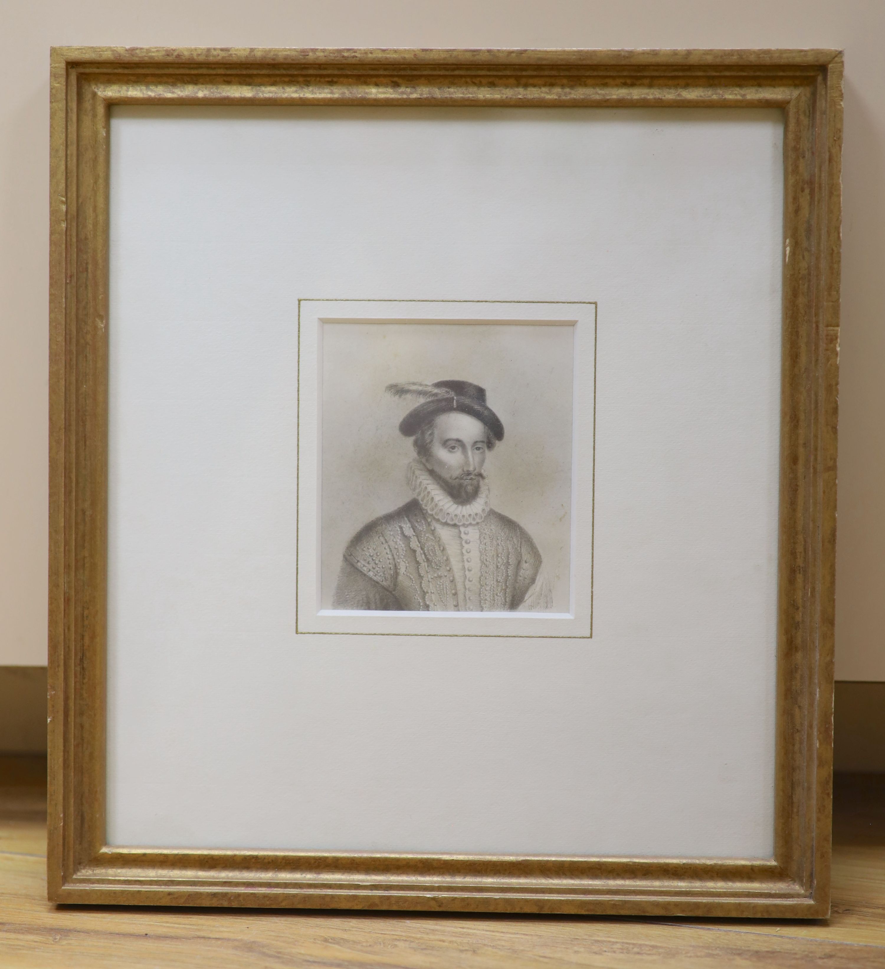 19th century English school, pencil on paper, portrait of Sir Walter Raleigh, 9.5 x 8cm.